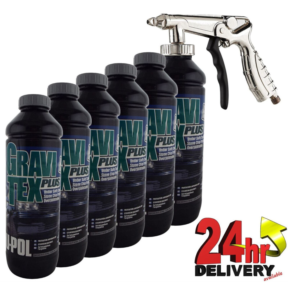 U-Pol Gravitex Stone Chip Overpaintable Protection 1 Ltr X 6 + Air Gun Upol Grey 5290753356331