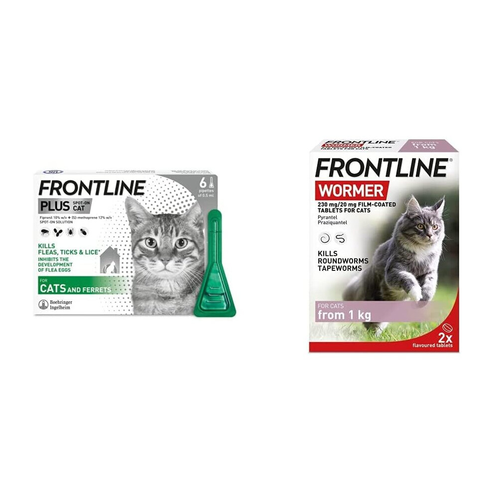 FRONTLINE Plus Flea & Tick Treatment for Cats - 6 Pipettes & FRONTLINE Wormer for Cats - 2 Tablets