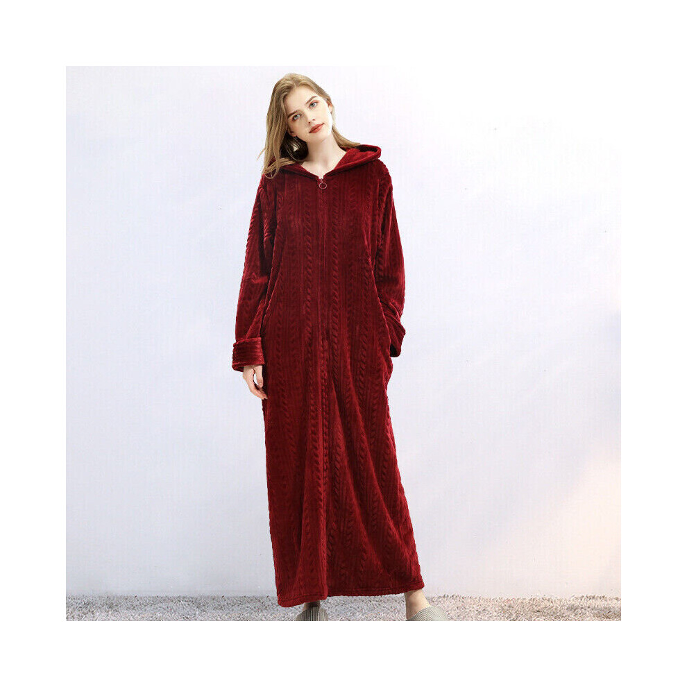 (Wine, M) Ladies Zip Up Dressing Gown/Bathrobe Womens Comfy Soft Extra Long Fleece Hooded