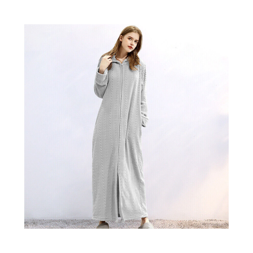 (LightGrey, XL) Ladies Zip Up Dressing Gown/Bathrobe Womens Comfy Soft Extra Long Fleece Hooded