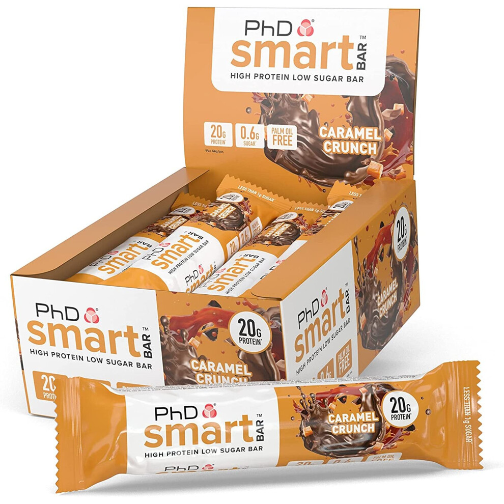 PhD Nutrition Smart Protein Bar, High Protein Low Sugar Protein Snacks, Caramel Crunch Flavour, 20g of Protein, 64g Bar (12 Pack)