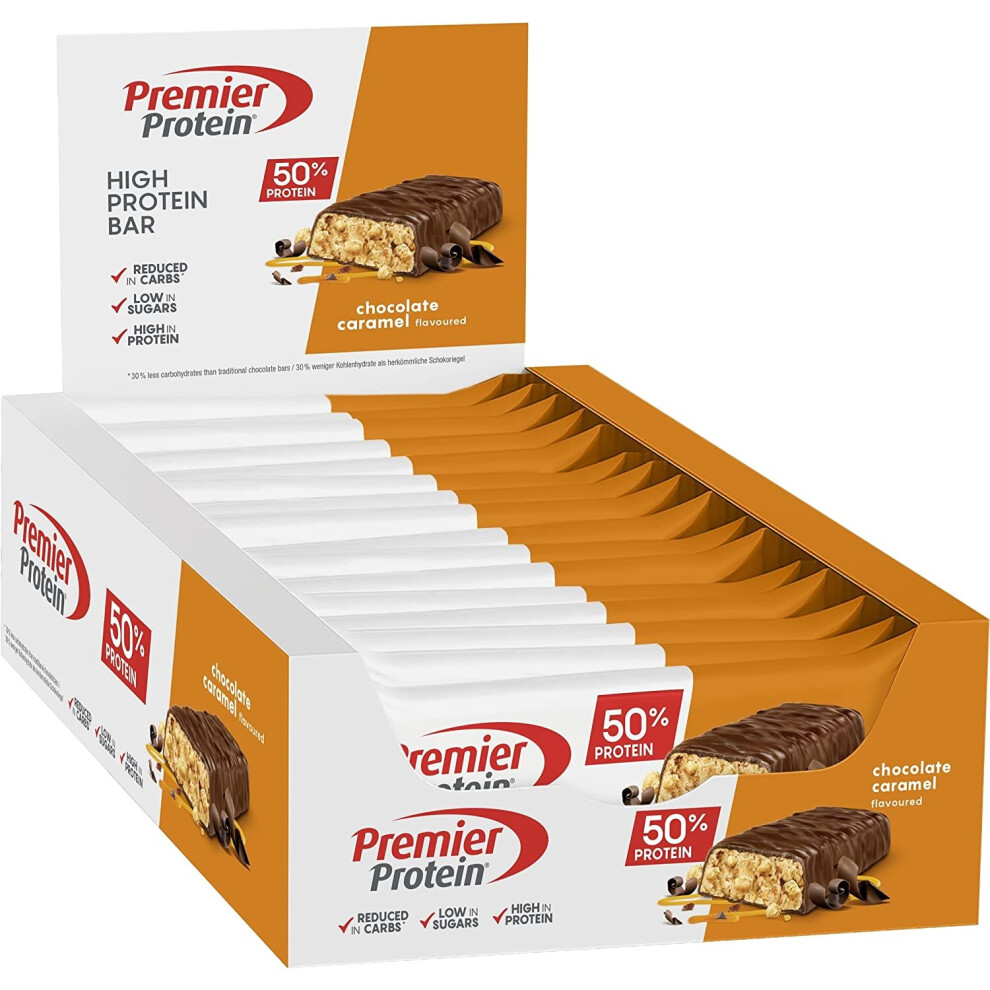 Premier Protein High Protein Bar Chocolate Caramel 16x40g - High Protein Low Sugar + Palm Oil Free