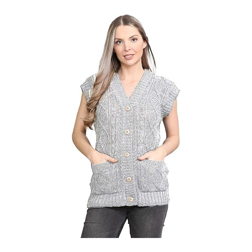 (Grey, ML (UK12-14)) Womens Sleeveless Cable Knitted Grandad Cardigan Button Front Ladies Sweater Top UK 8-22