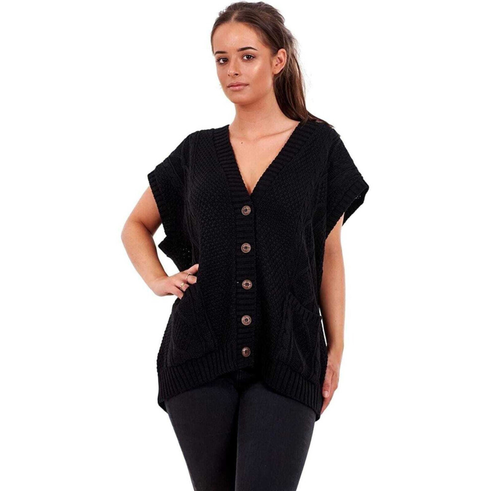 (Black, SM (UK 8-10)) Womens Sleeveless Cable Knitted Grandad Cardigan Button Front Ladies Sweater Top UK 8-22