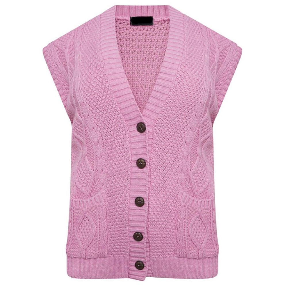 (Pink, ML (UK12-14)) Womens Sleeveless Cable Knitted Grandad Cardigan Button Front Ladies Sweater Top UK 8-22