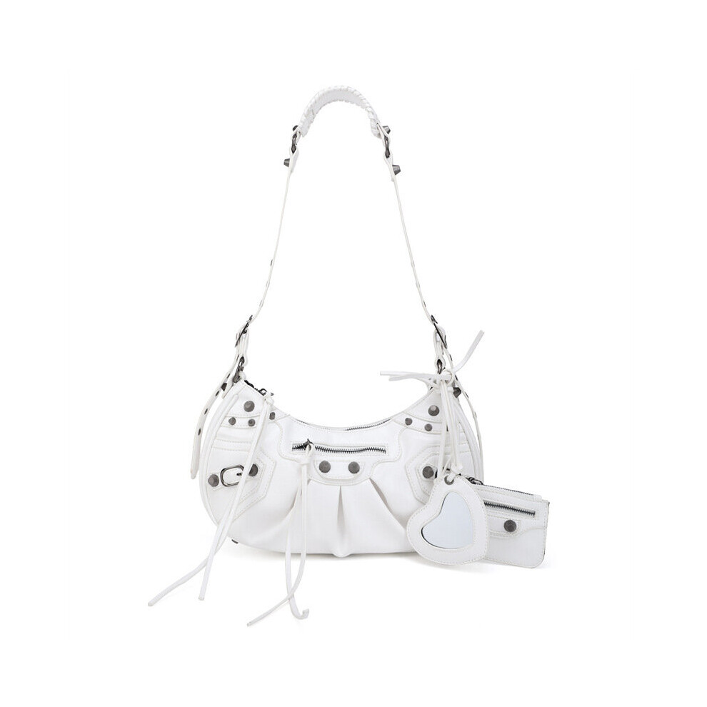 (White) Heavy Work Studded Biker Bag 3 in 1 Moon Bag Underarm Bag Single Shoulder Crossbody 