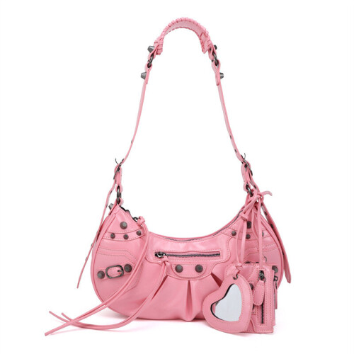 (Pink) Heavy Work Studded Biker Bag 3 in 1 Moon Bag Underarm Bag Single Shoulder Crossbody