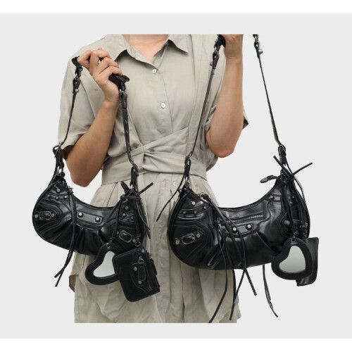 (Black) Heavy Work Studded Biker Bag 3 in 1 Moon Bag Underarm Bag Single Shoulder Crossbody 2