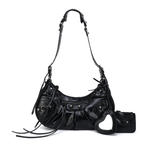 (Black) Heavy Work Studded Biker Bag 3 in 1 Moon Bag Underarm Bag Single Shoulder Crossbody
