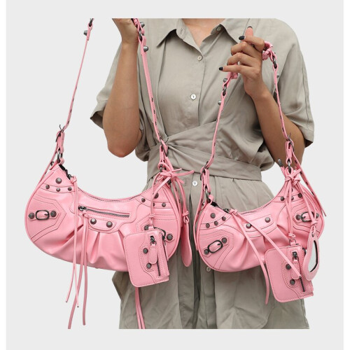 (Pink) Heavy Work Studded Biker Bag 3 in 1 Moon Bag Underarm Bag Single Shoulder Crossbody 1