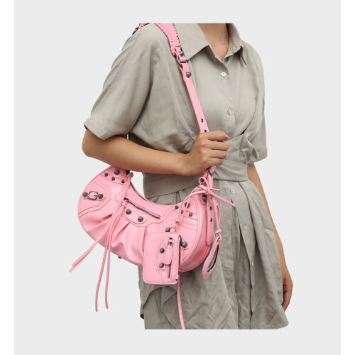 (Pink) Heavy Work Studded Biker Bag 3 in 1 Moon Bag Underarm Bag Single Shoulder Crossbody 2