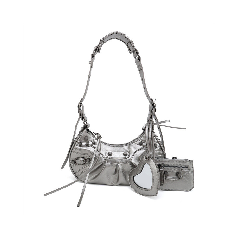 (Silver grey) Heavy Work Studded Biker Bag 3 in 1 Moon Bag Underarm Bag Single Shoulder Crossbody 