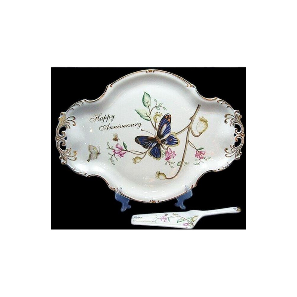 Mr. MJs HO-TR141-HV Happy Anniversary Butterflies on Branches Cake Server & Cake Platter-image-OPC-PBCYVWJ-NEW