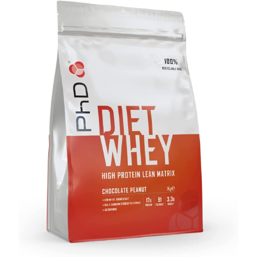 PhD Nutrition Diet Whey High Protein Lean Matrix, Chocolate Peanut Butter Diet Whey Protein Powder, High Protein, 40 Servings Per 1 kg Bag