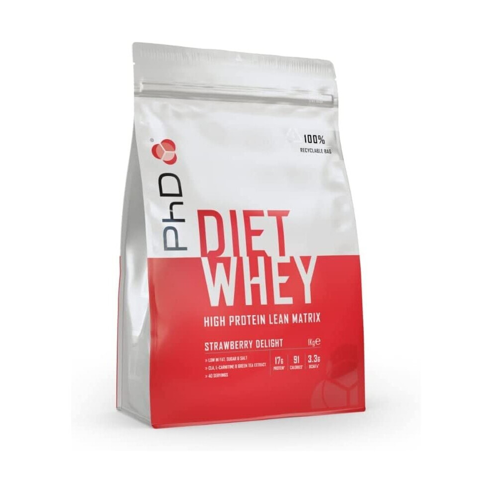 PhD Nutrition Diet Whey High Protein Lean Matrix, Strawberry Delight Diet Whey Protein Powder, High Protein, 40 Servings Per 1 kg Bag