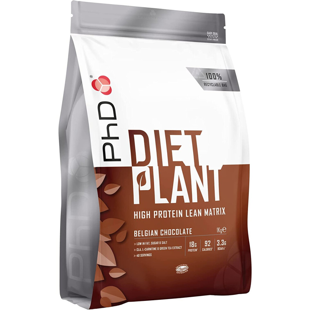 PhD Nutrition Diet Plant, High Protein Lean Matrix, Vegan Diet Protein Powder, Belgian Chocolate, 18g of Plant Protein, 40 Servings Per 1 kg Bag