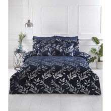 (Double Duvet Cover Set) Como Duvet Cover Set Navy Leaves Foil Details