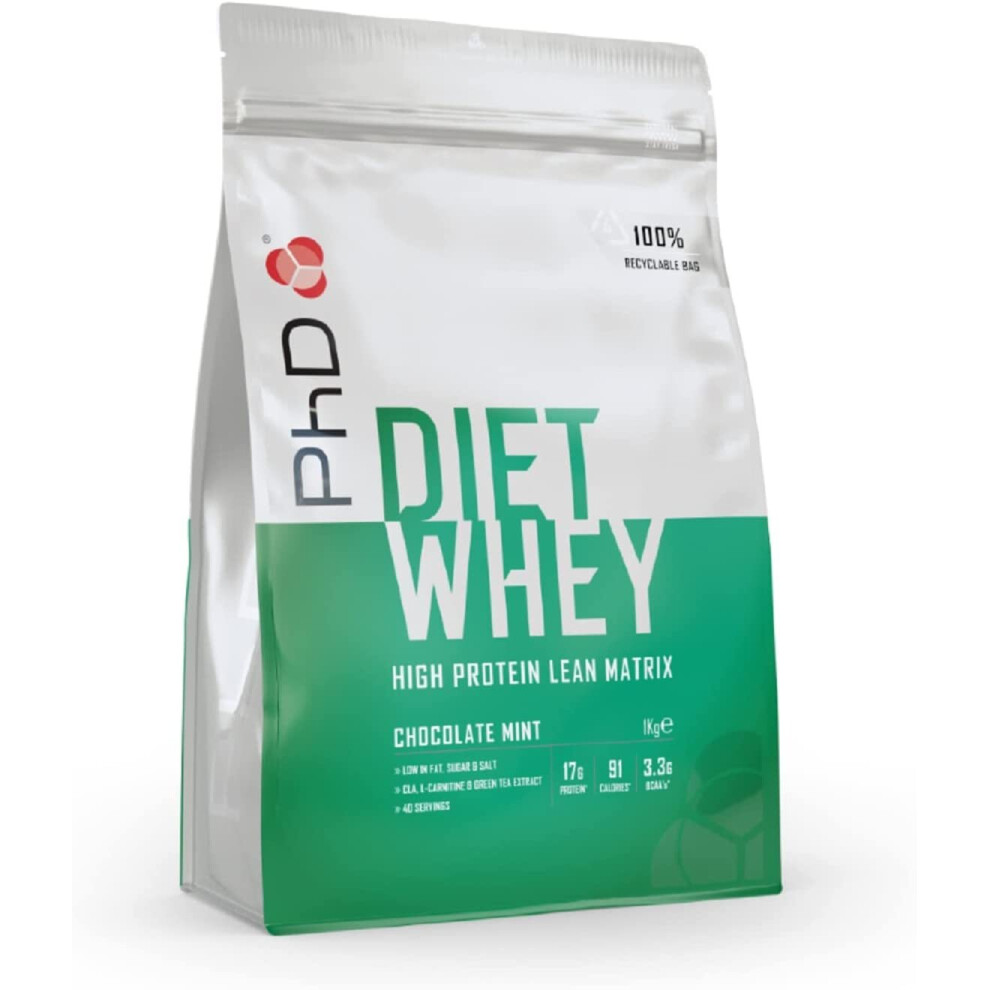 PhD Nutrition Diet Whey High Protein Lean Matrix, Chocolate Mint Diet Whey Protein Powder, High Protein, 40 Servings Per 1 kg Bag