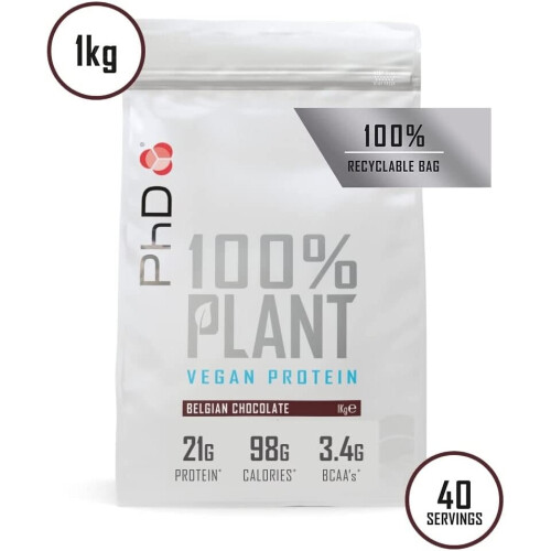 PhD Nutrition 100% Plant Vegan Protein Powder, Belgian Chocolate Plant