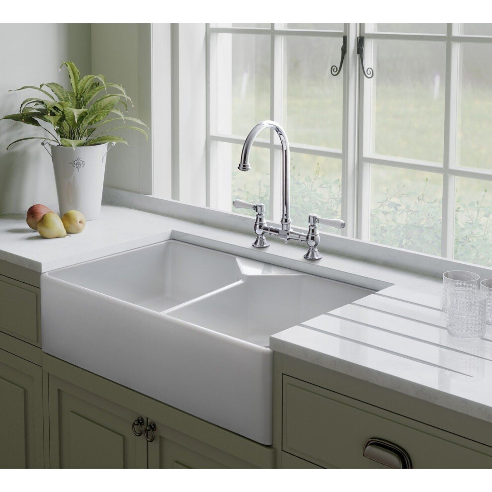 Rangemaster Farmhouse Belfast Kitchen Sink Double Bowl 2.0 Ceramic White Stylish