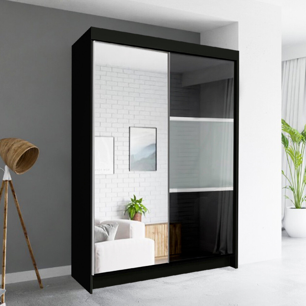 (120cm, Black ) Fort High Gloss Sliding Door Wardrobe with Drawers