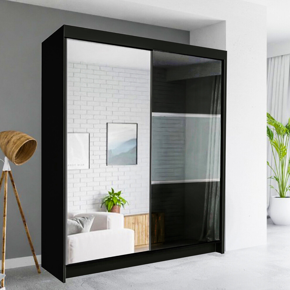 (150cm, Black ) Fort High Gloss Sliding Door Wardrobe with Drawers