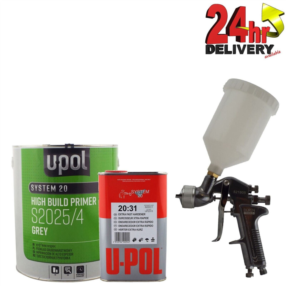 U-Pol S2025+S2031 5 Litre Grey Primer Extra Fast Hardener +Duren 1.8mm Spraygun