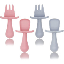 (rose + dark gray) Baby Fork and Spoon Set, 4 Pcs Toddler First Self-Feeding Silicone Cutlery Kit with Anti Choke Barrier, Food-Safe Toddler Utensils Easy Grip