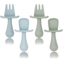 (gray blue + gray green) Baby Fork and Spoon Set, 4 Pcs Toddler First Self-Feeding Silicone Cutlery Kit with Anti Choke Barrier, Food-Safe Toddler Utensils Easy Grip