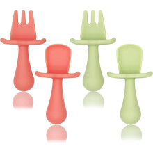 (cyan + pink) Baby Fork and Spoon Set, 4 Pcs Toddler First Self-Feeding Silicone Cutlery Kit with Anti Choke Barrier, Food-Safe Toddler Utensils Easy Grip