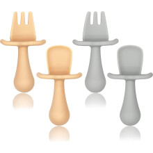 (skin tone + cool gray) Baby Fork and Spoon Set, 4 Pcs Toddler First Self-Feeding Silicone Cutlery Kit with Anti Choke Barrier, Food-Safe Toddler Utensils Easy Grip
