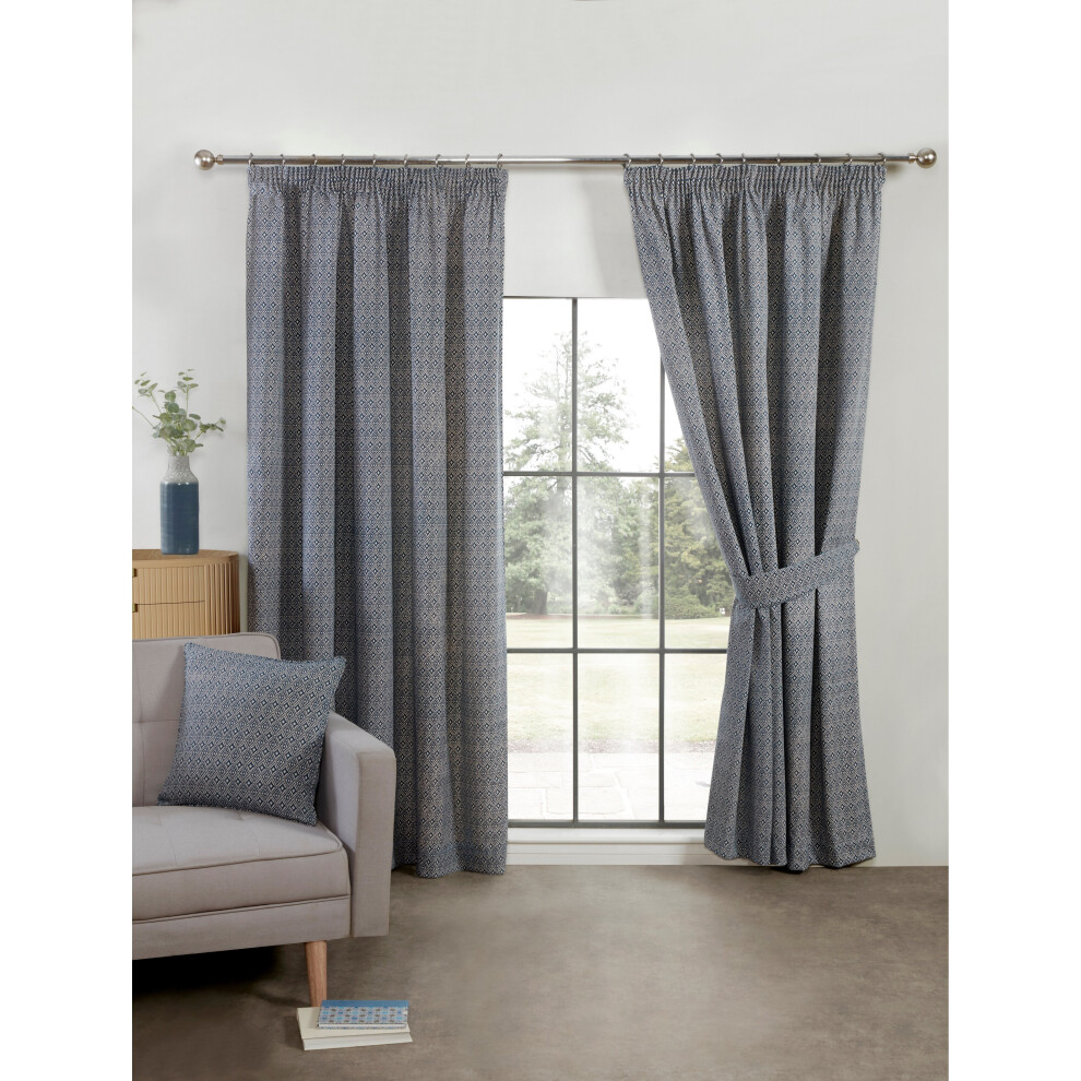 (Navy, 90x54") Sundour Aztec Pencil Pleat Curtains Fully Lined Ready Made Curtain Pair Drapes