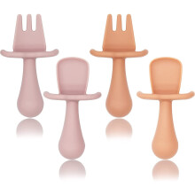 (Skin Pink + Brick Red) Baby Fork and Spoon Set, 4 Pcs Toddler First Self-Feeding Silicone Cutlery Kit with Anti Choke Barrier, Food-Safe Toddler Utensils Easy Grip