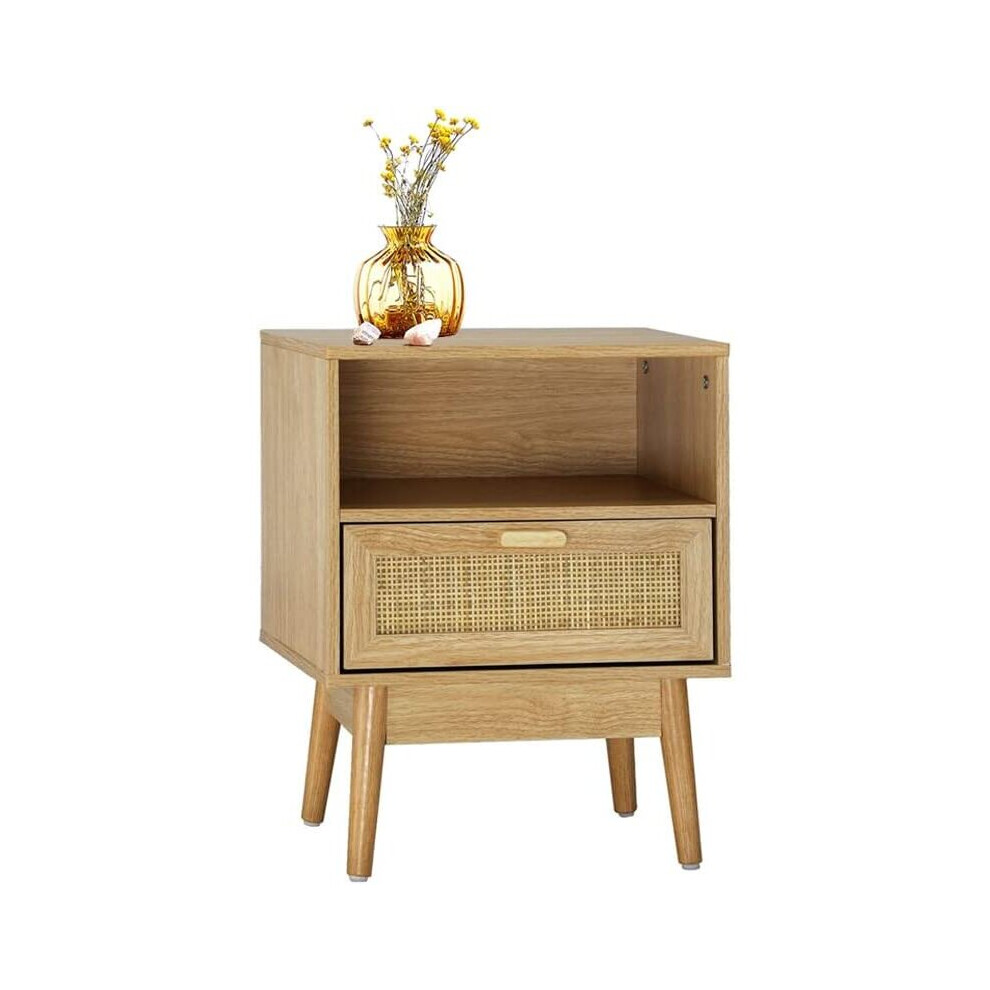 Rattan Bedside Table-Nightstand w/Ash Wood Veneer-Wicker Cabinet