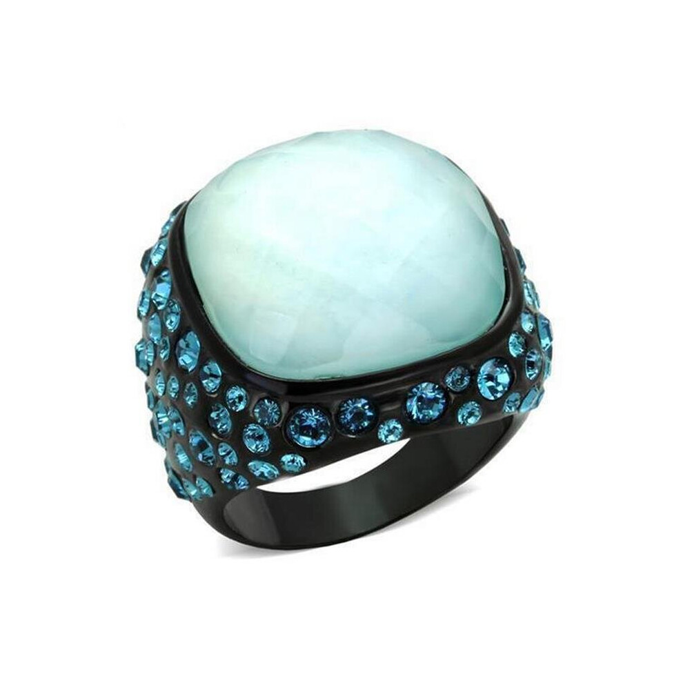 Alamode TK1617-9 IP Black Ion Plating Stainless Steel Ring with Synthetic Glass, Sea Blue - Size 9-image-OPC-PBCZGQG-NEW