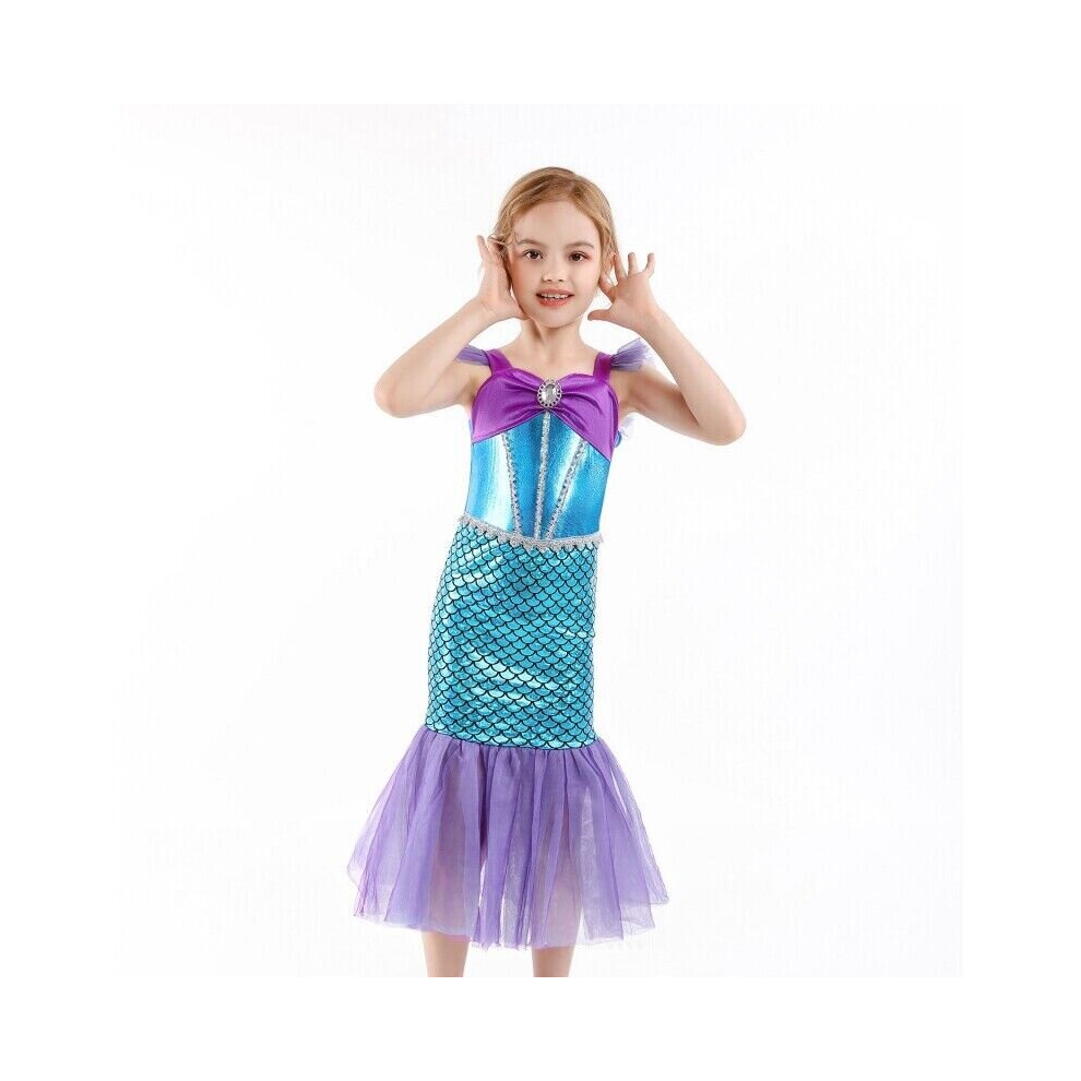 (100, Purple) Girls Little Mermaid Ariel Princess Cosplay Costume Fairytale Outfit 3-10 Years