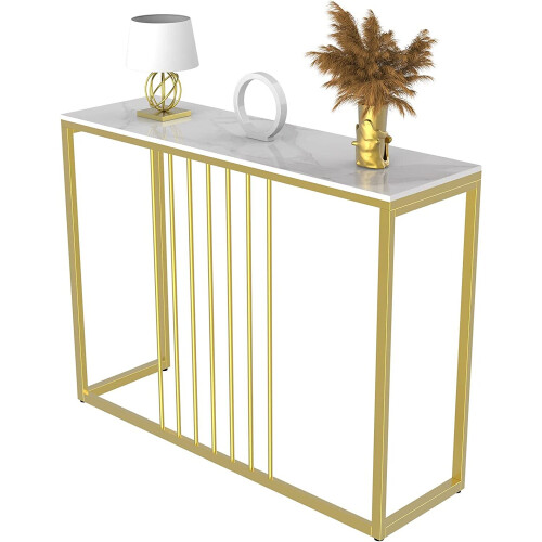 (Lenghth:100cm, White Top Golden Legs) High Gloss Sintered Marbles Console Table Unit