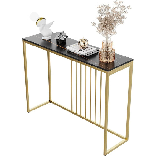 (Lenghth:100cm, Black Top Golden Legs) High Gloss Sintered Marbles Console Table Unit