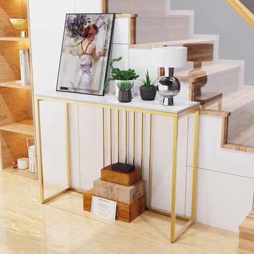 (Lenghth:100cm, White Top Golden Legs) High Gloss Sintered Marbles Console Table Unit 1