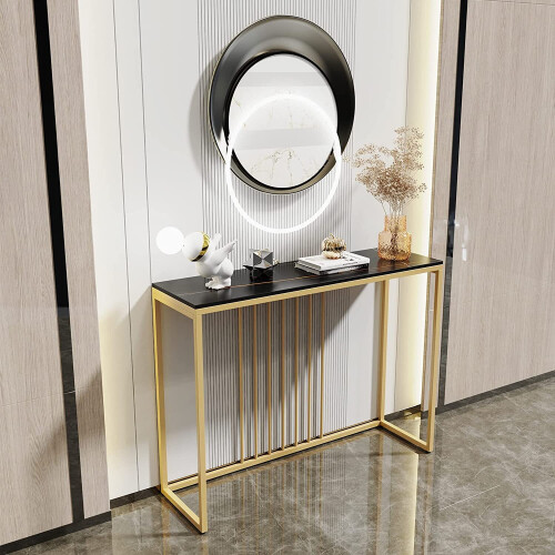 (Lenghth:100cm, Black Top Golden Legs) High Gloss Sintered Marbles Console Table Unit 1