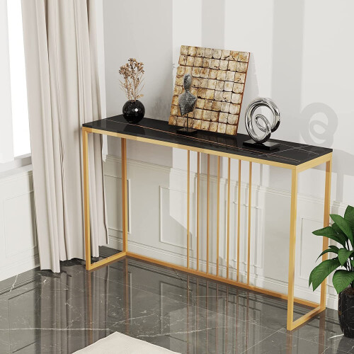 (Lenghth:120cm, Black Top Golden Legs) High Gloss Sintered Marbles Console Table Unit 1