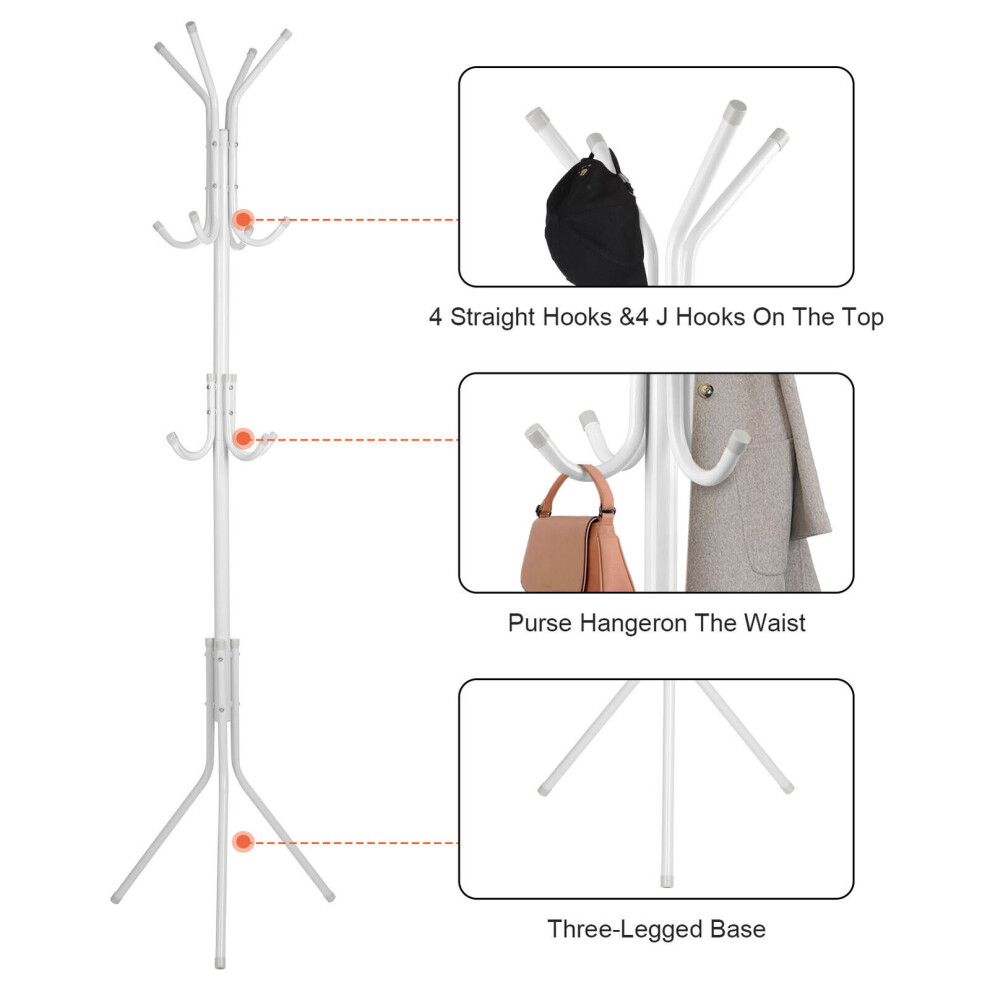 (White) 12 Hook Coat Stand Floor Standing Rack Clothe Hang