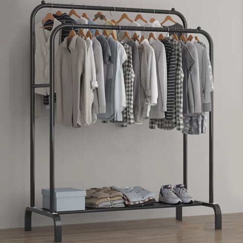 (Black) Double Clothes Rail Hanging Rack Storage Shelf