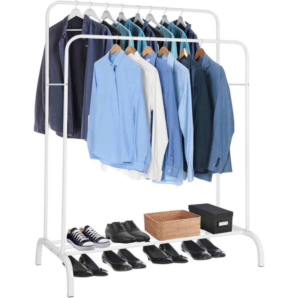 (White) Double Clothes Rail Hanging Rack Storage Shelf