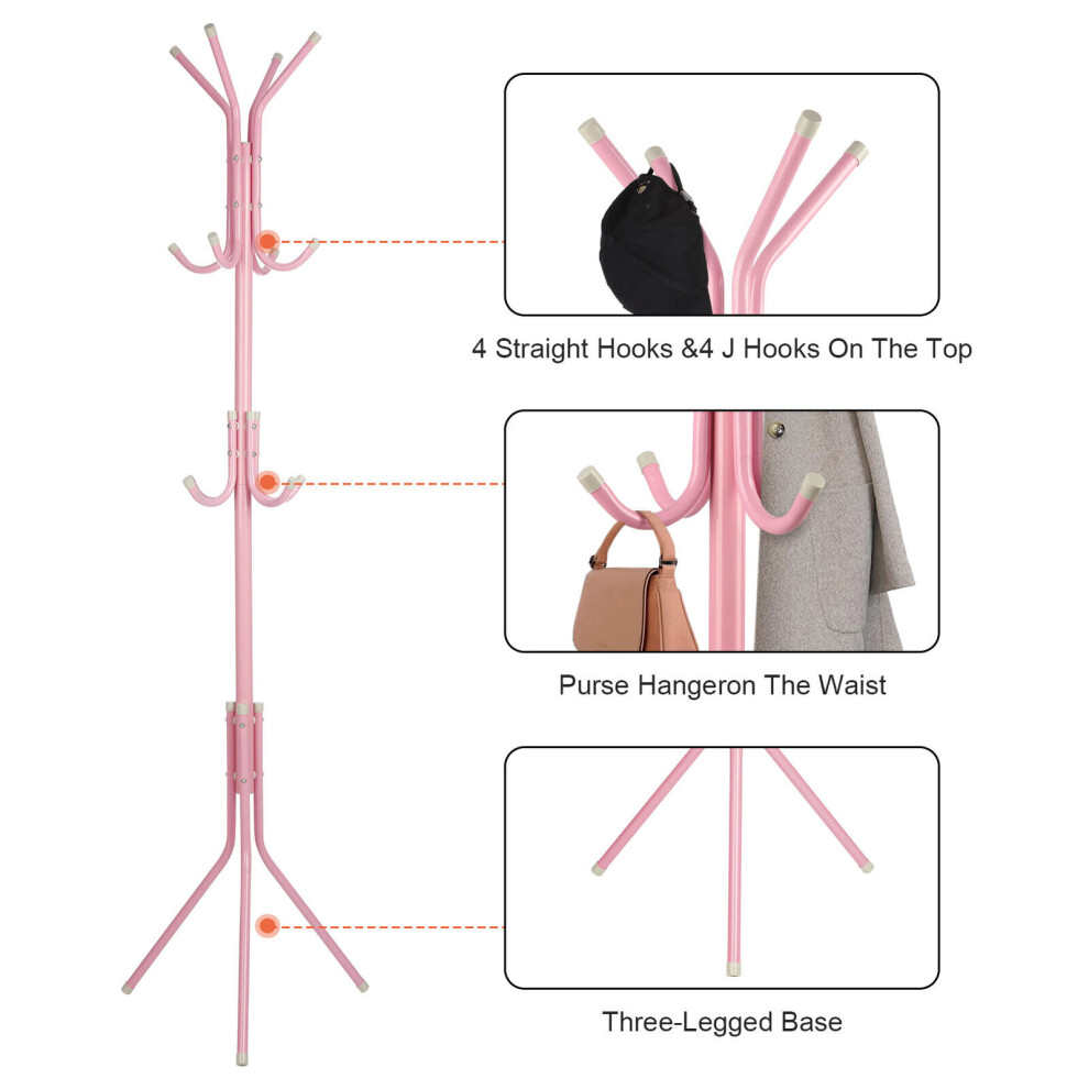 (Pink) 12 Hook Coat Stand Floor Standing Rack Clothe Hang