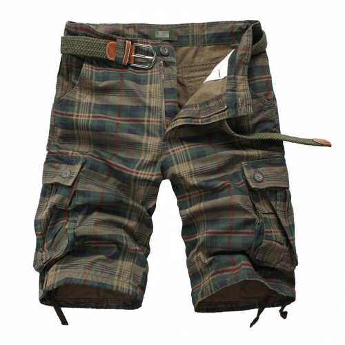 (Armygreen Plaid, 34) Mens Cargo Combat Shorts Cotton Chino Twill Knee Length Half Pants Multi Pockets