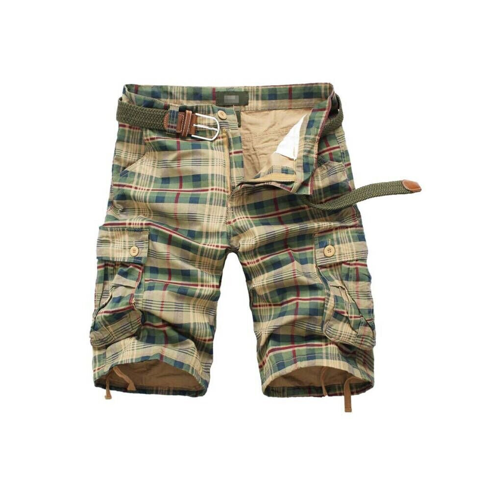 (Armyyellow Plaid, 38) Mens Cargo Combat Shorts Cotton Chino Twill Knee Length Half Pants Multi Pockets