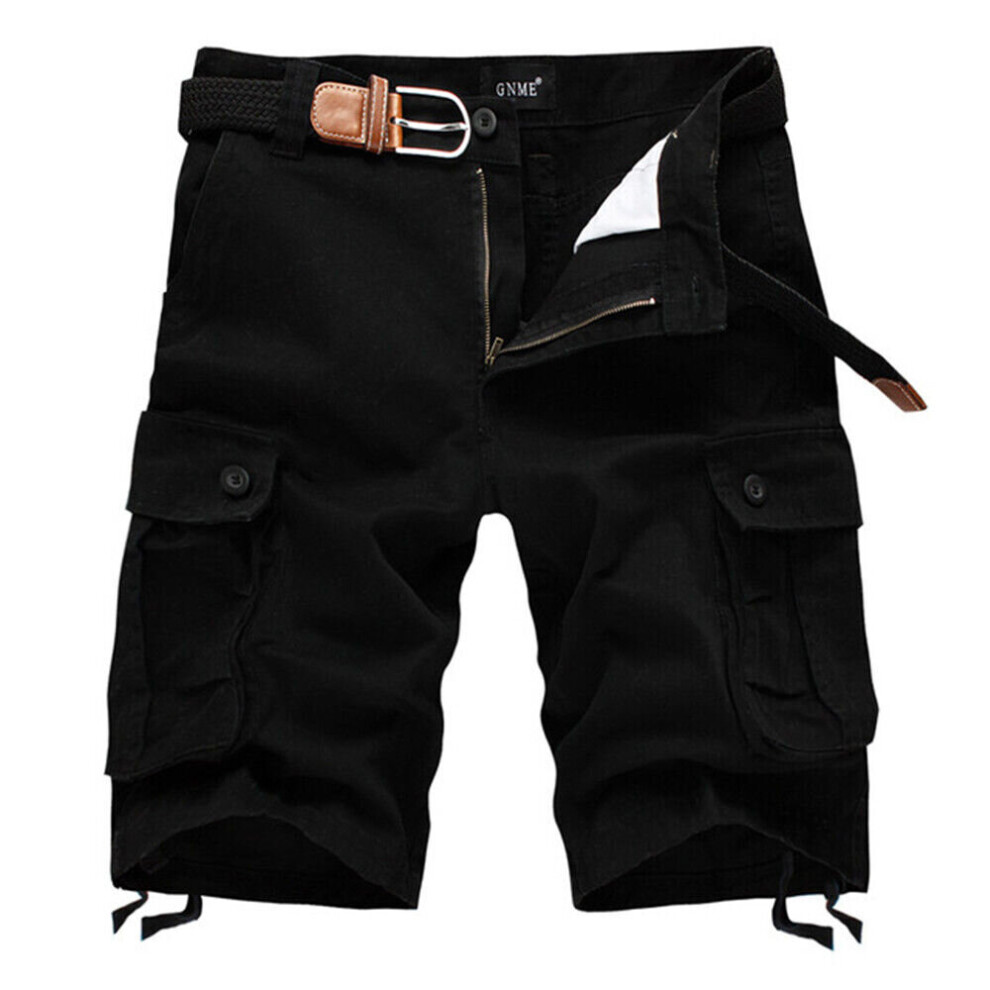 (Black, 44) Mens Cargo Combat Shorts Cotton Chino Twill Knee Length Half Pants Multi Pockets