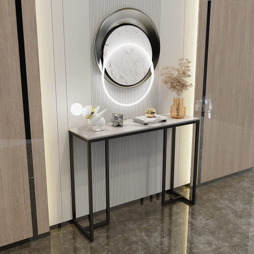 ( White Tabletop-black Legs) Sintered Stone slim Console Table Desk Hallway Unit 1
