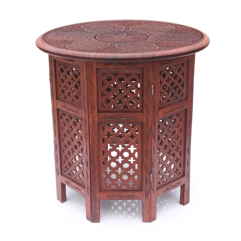 Wooden Antique Rich Mahogany Brown Finish Hand Carved Round Indian Coffee Table End Table Side Table